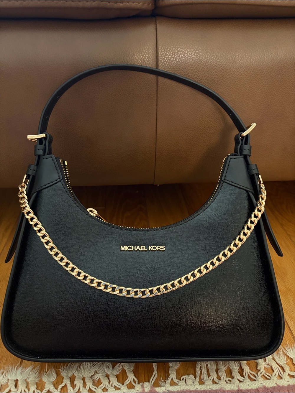 Michael Kors Wilma Medium Black Leather Shoulder Bag with Gold Hardware Chain
